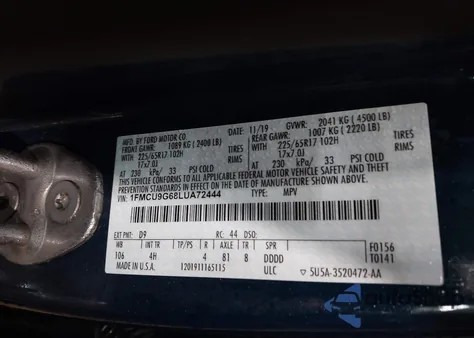 2020 Ford Escape Se from USA, damaged, VIN 1FMCU9G68LUA72444